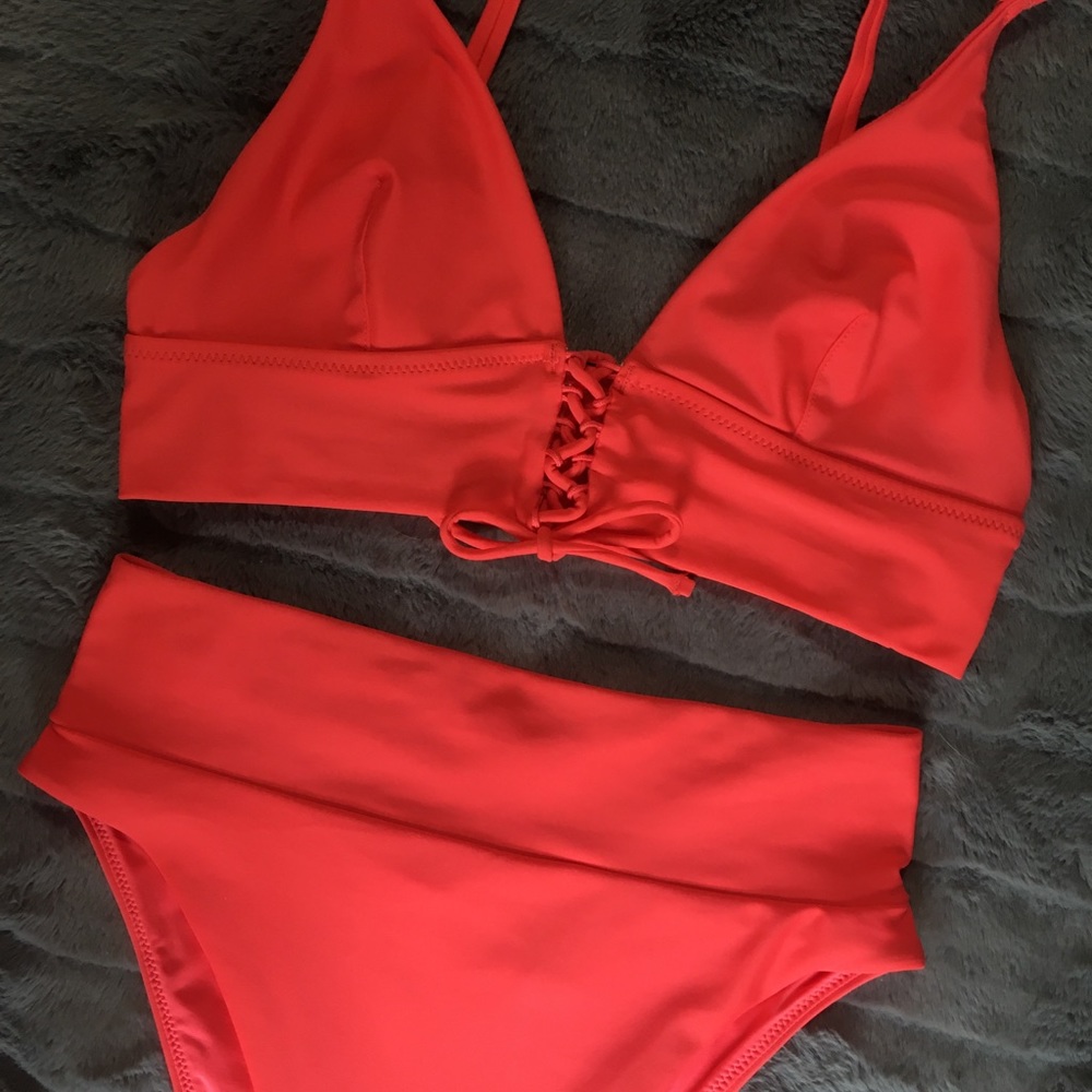 Aerie Neon Coral High Cut Cheeky Bikini Set Small